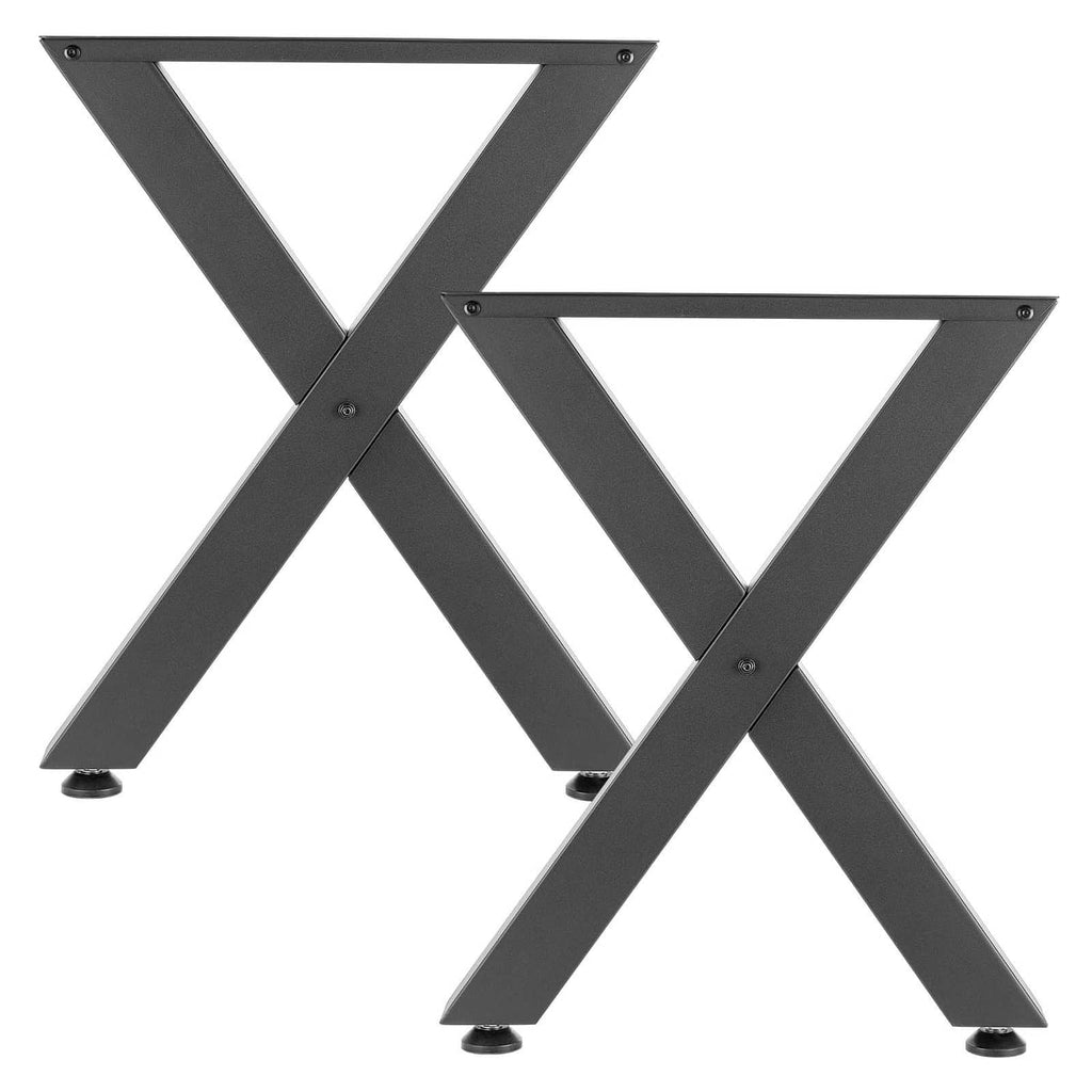 Two black X-frame table legs side-by-side, showing cross-bracing and screw plates.