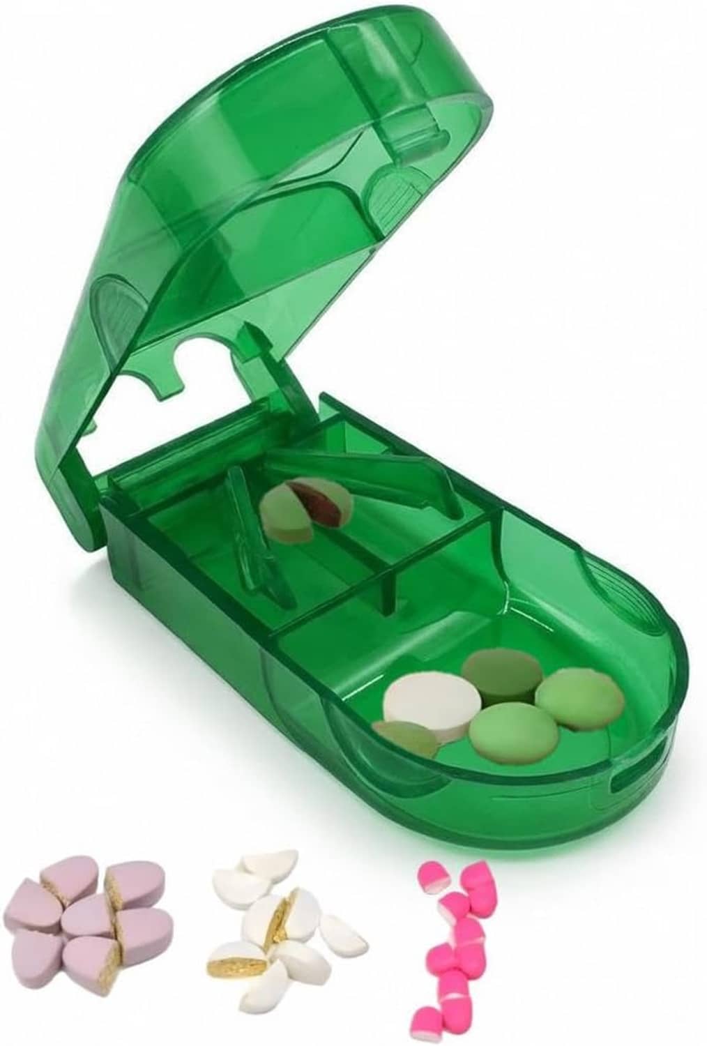 Green portable pill splitter open view, interior tray with example pills