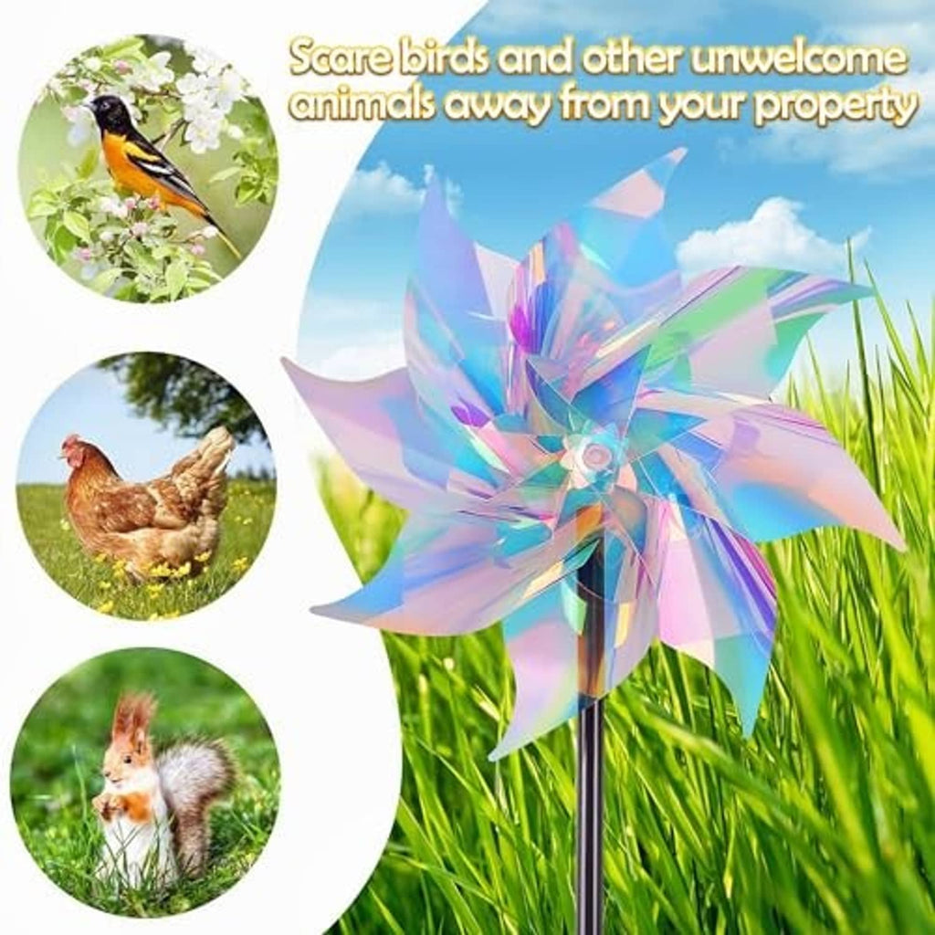 Reflective rainbow pinwheel wind spinner with iridescent blades on a black stake