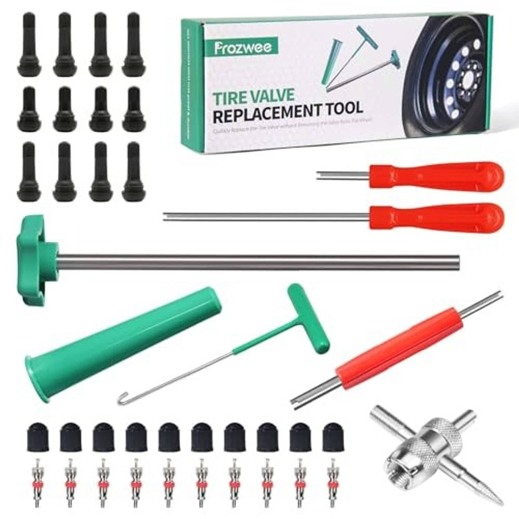 Tire valve stem replacement tool set with red handles, green lever, and valve cores