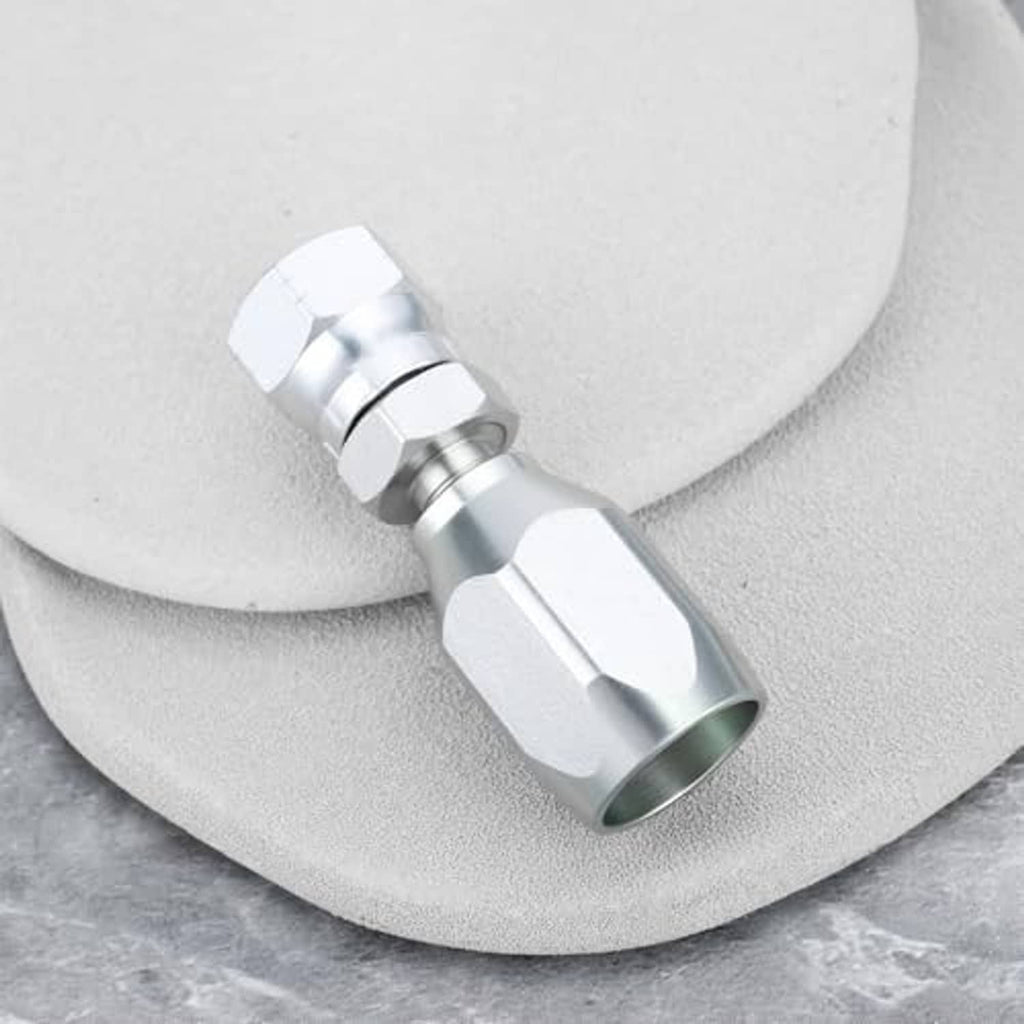 OTOTEC reusable hydraulic hose fitting, silver hex body with angled outlet and threaded inlet