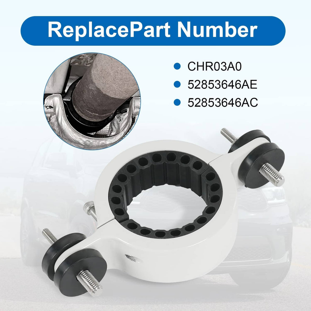 Driveshaft center support bearing carrier with black rubber bushing and bolts, white