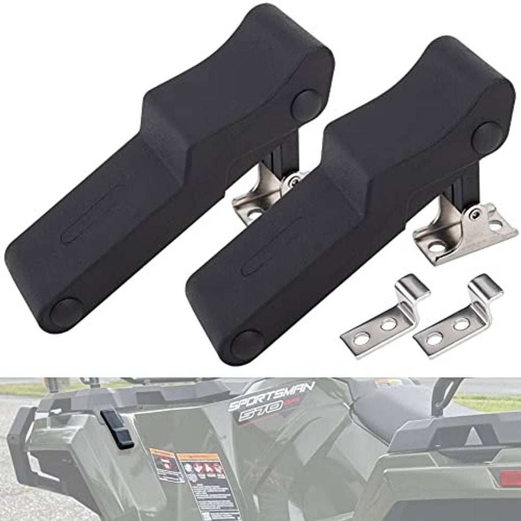 Two black rubber draw latches with mounting plates and hardware parts