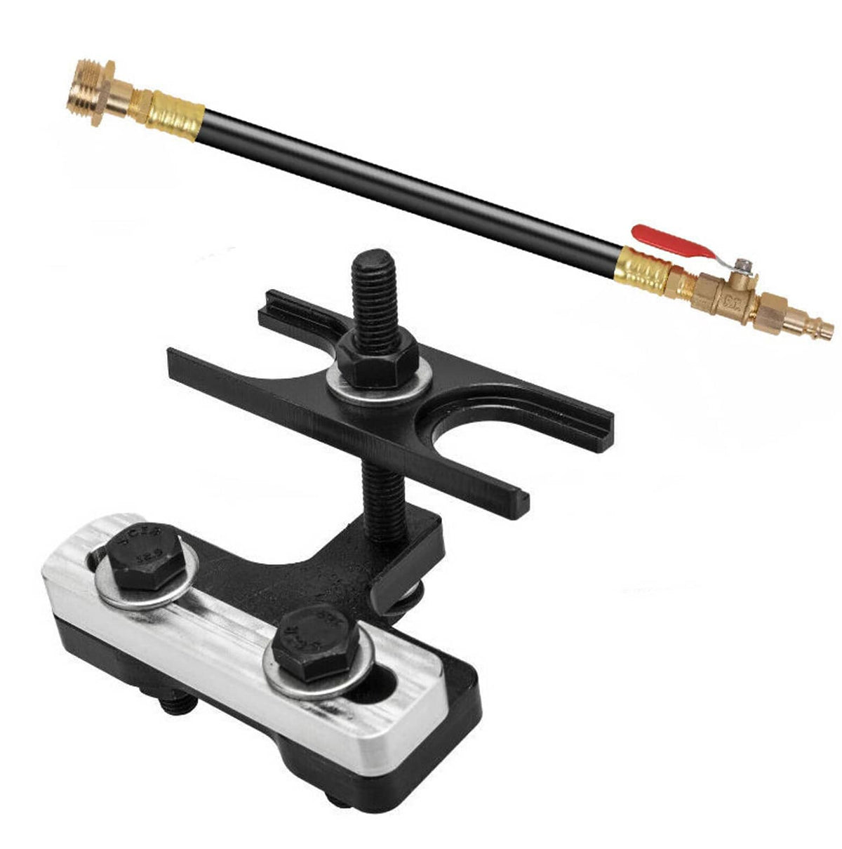 Engine valve spring compressor tool with black center screw and brass air hose fitting