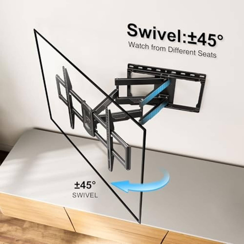 Full-motion TV wall mount bracket in a swivel position, black frame and articulating arms.