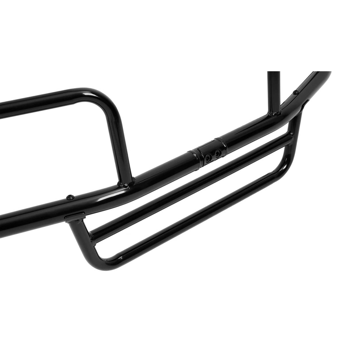 Close-up of black powder-coated steel front brush guard tube and protective cross bars