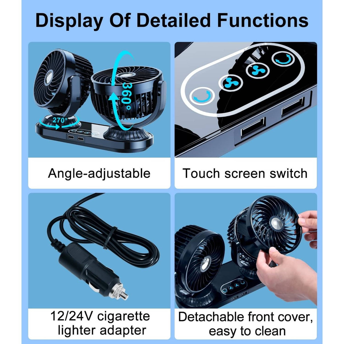 Dual-head car dashboard fan with angle-adjustable base and touch control buttons