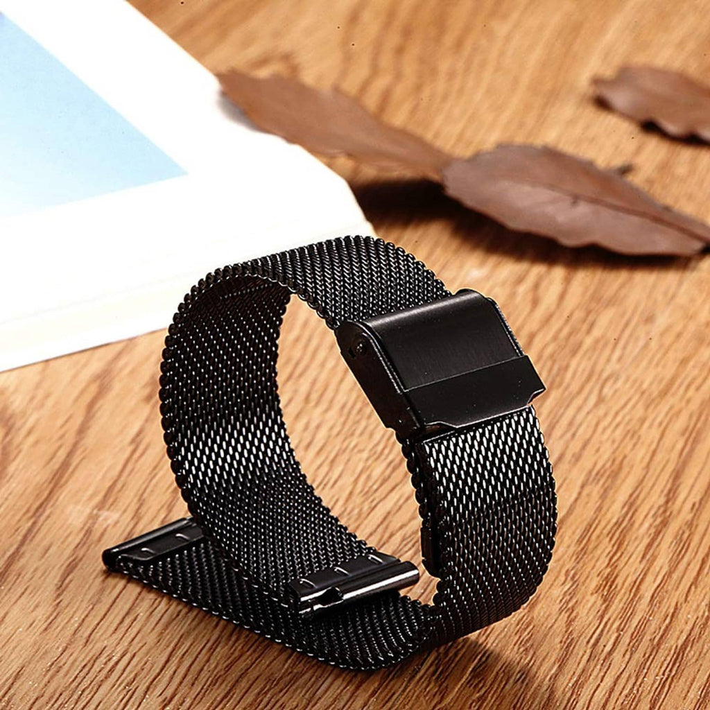 Black stainless steel mesh watch band with clasp and quick-release ends
