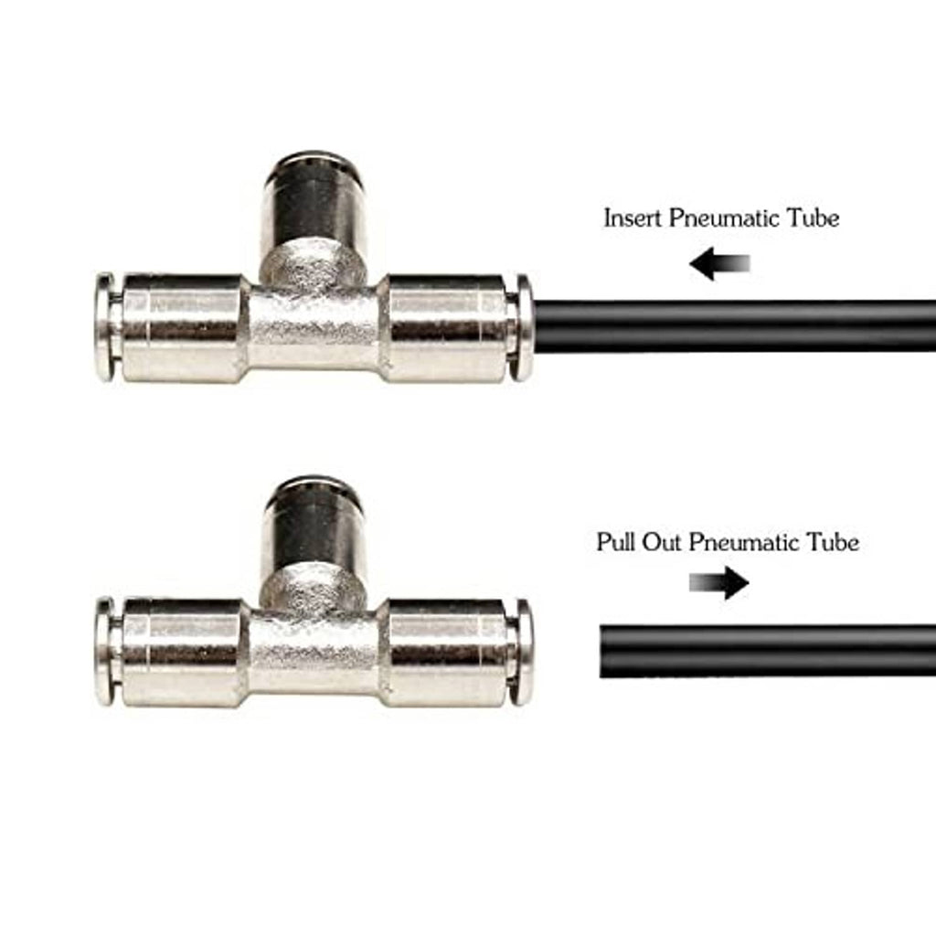 Push-to-connect tee fitting showing insertion and removal of tubing