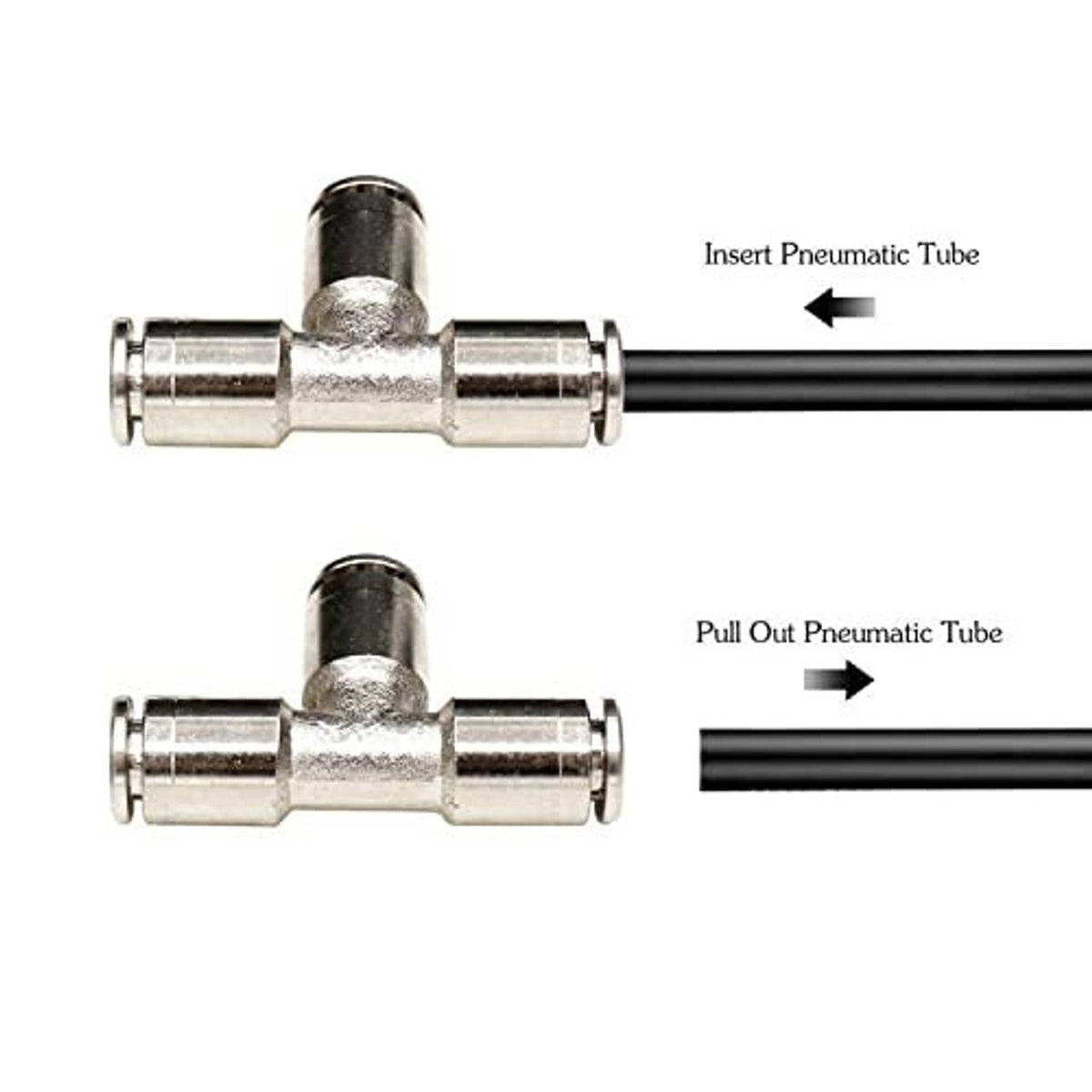 Push-to-connect tee fitting showing insertion and removal of tubing