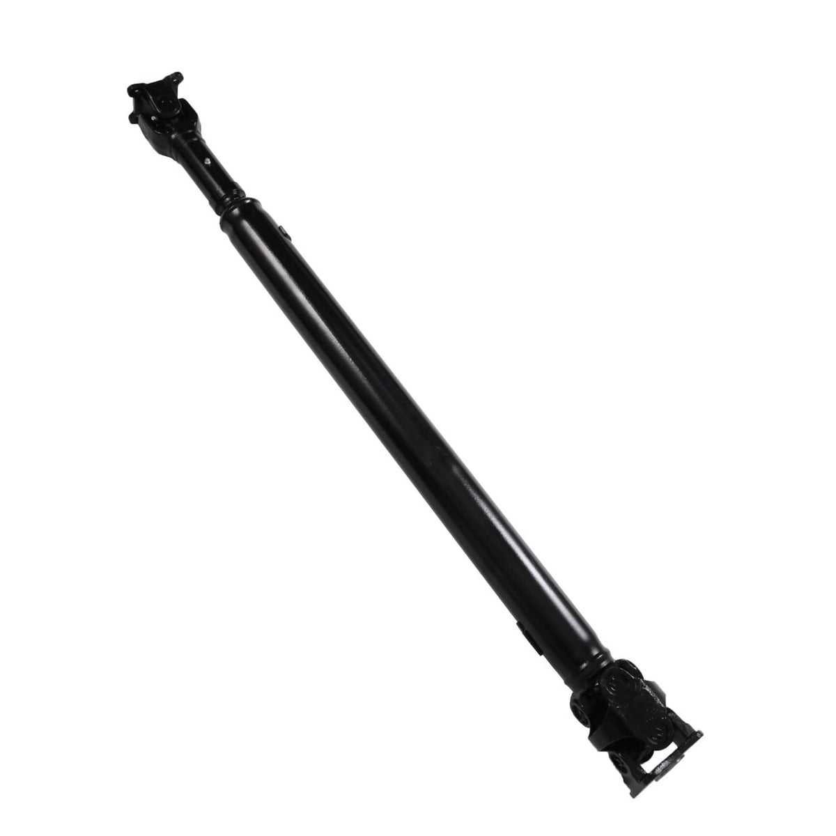 Rear drive shaft assembly black tube with U-joint end, three-quarter view