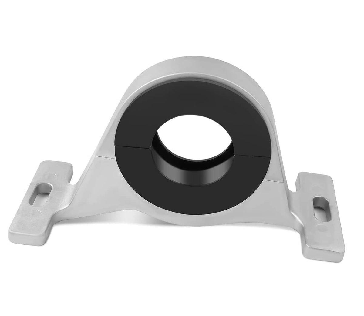 Metal driveshaft center support bearing carrier with black rubber bushing