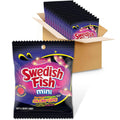 Swedish Fish mini glowups gummy candy multipack, purple pouches in open cardboard box