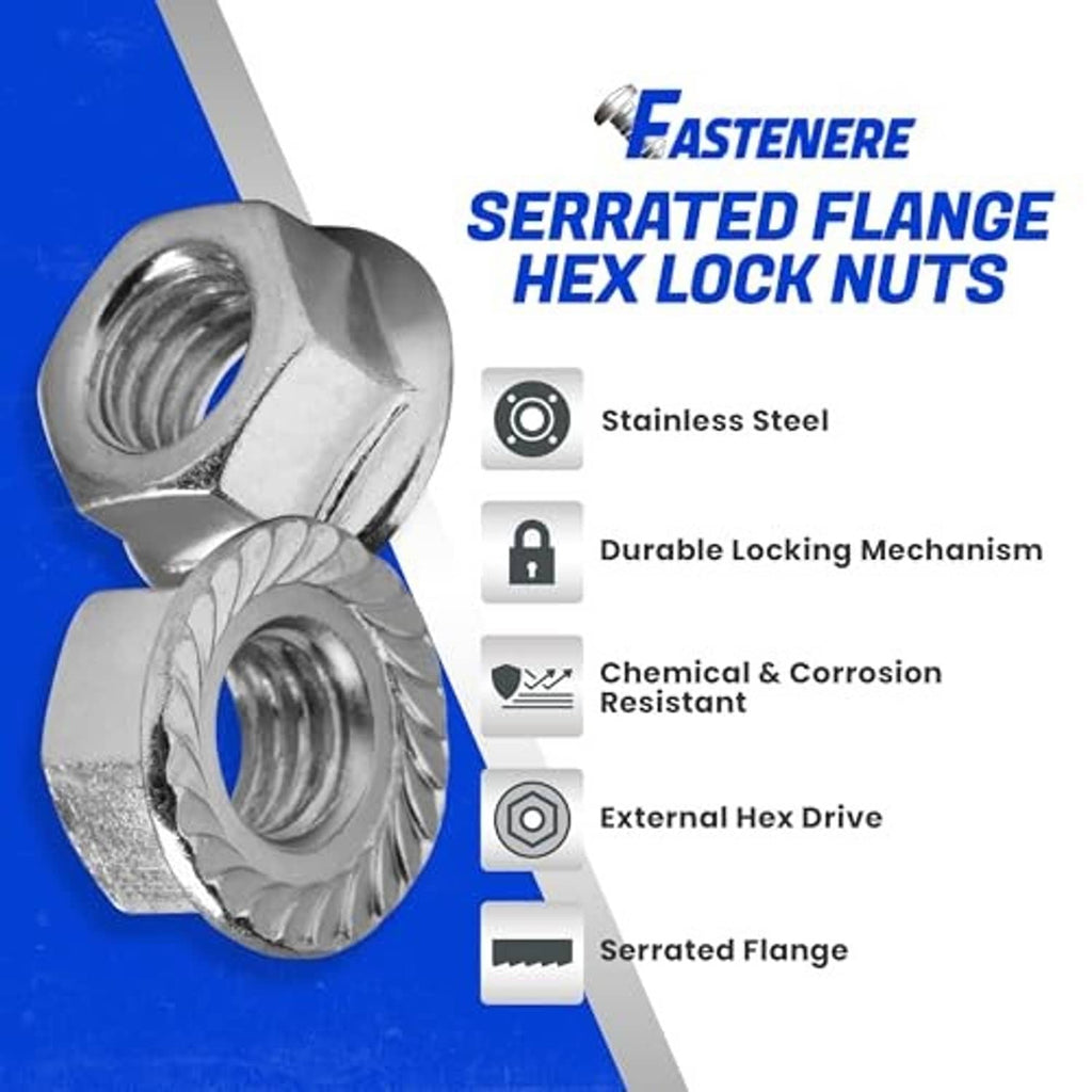 Stainless serrated flange hex lock nuts, external hex drive and serrated flange detail
