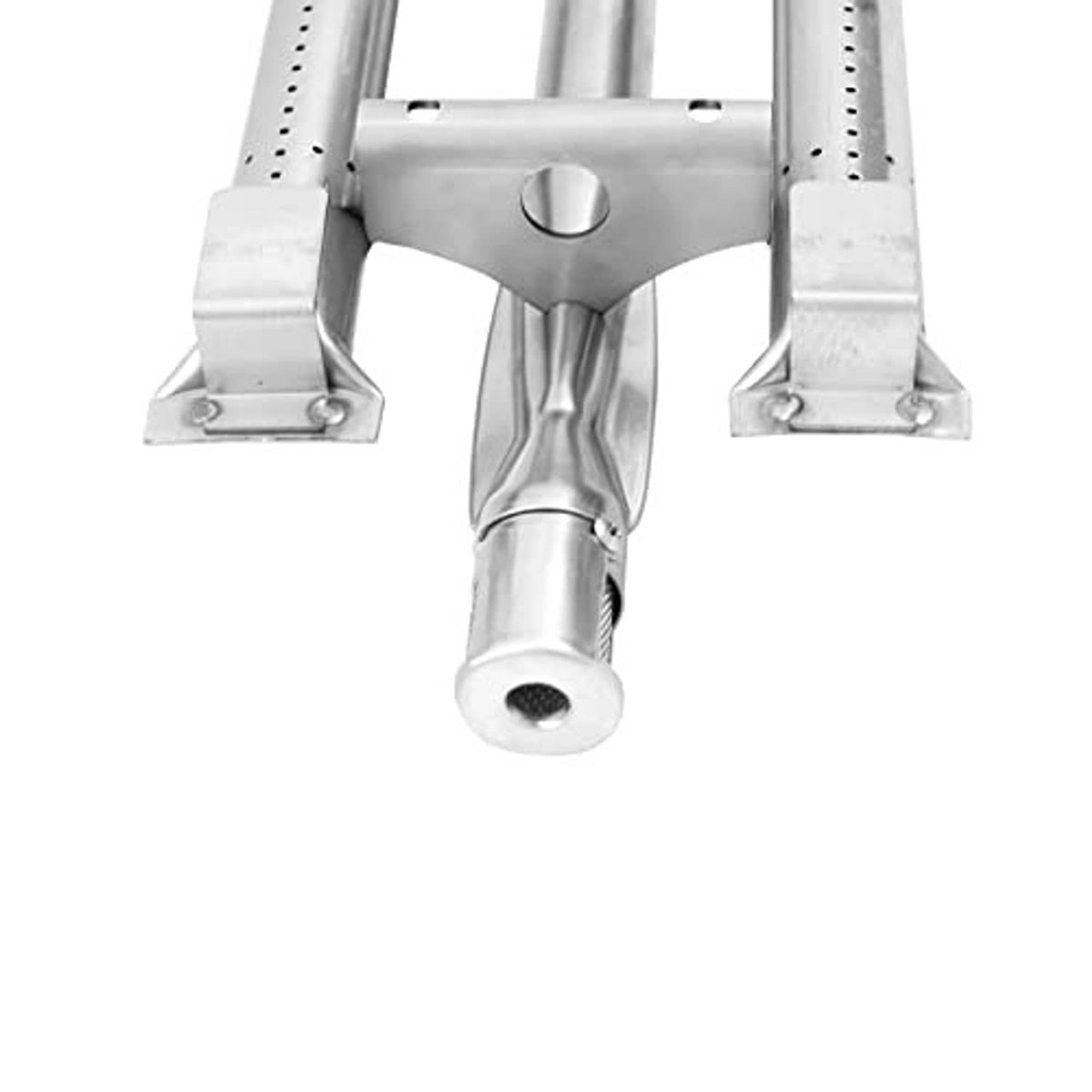 Stainless steel grill burner heat shield assembly with central flame port