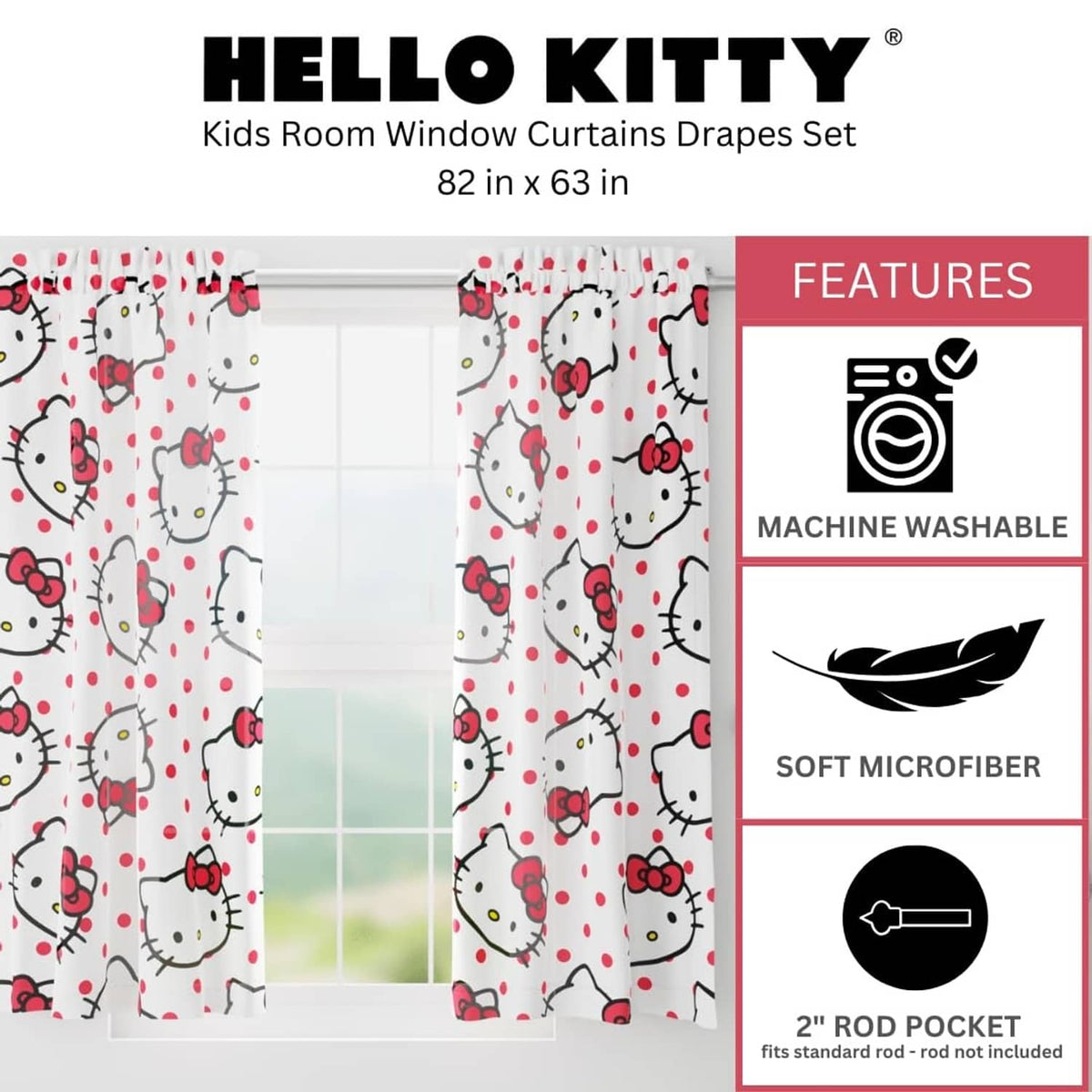 Kids window curtains: white Hello Kitty faces with red bows; 2 in rod pocket.