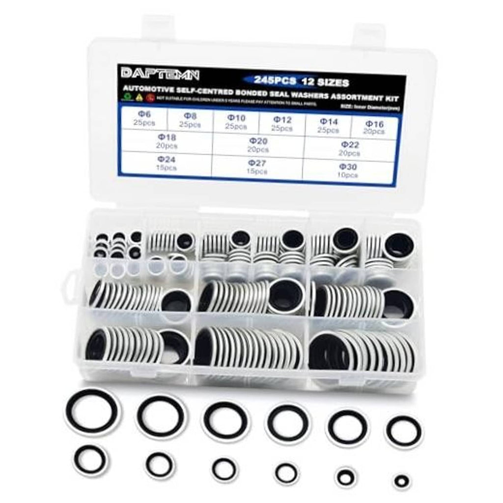 Bonded sealing washer assortment kit in clear plastic case with black seal rings