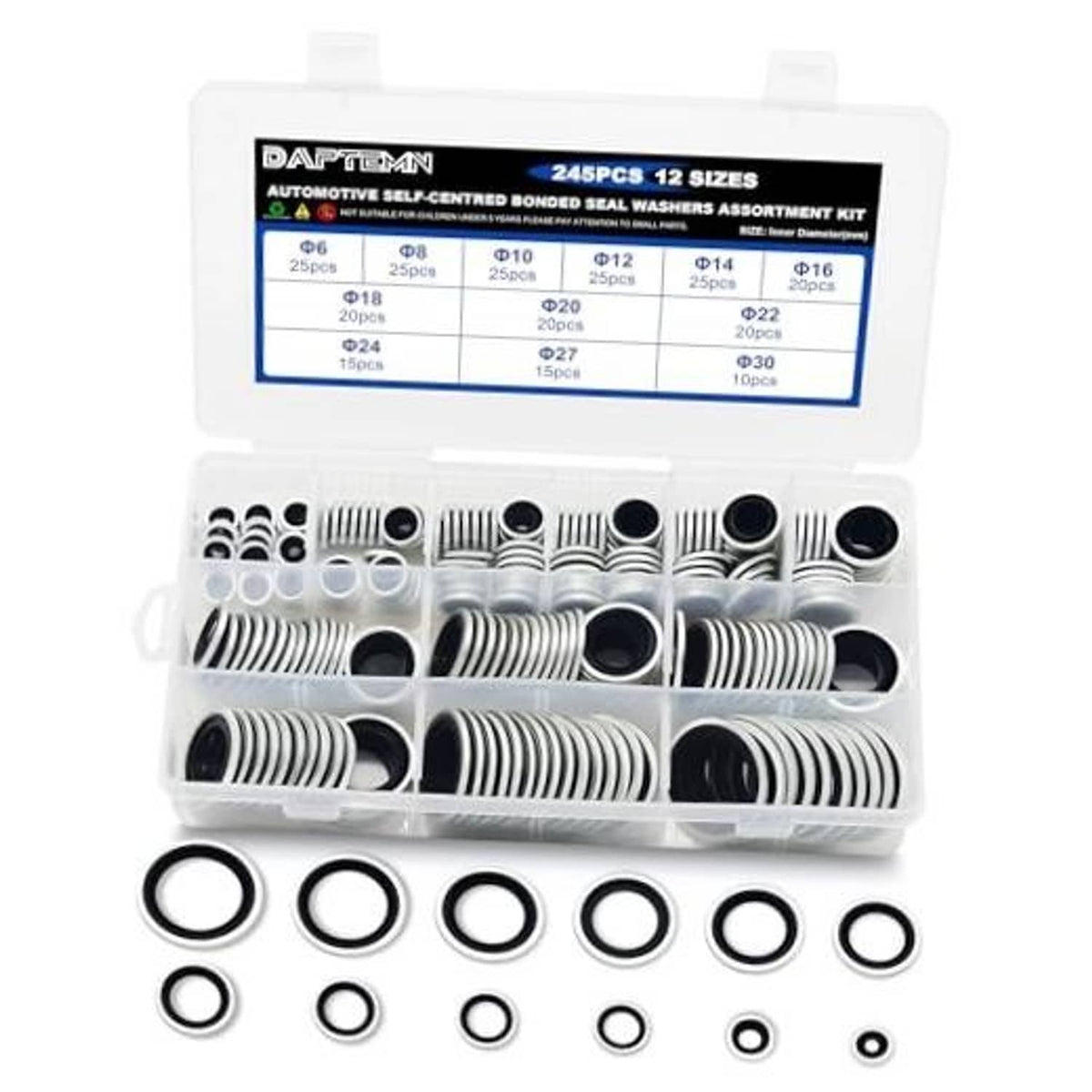 Bonded sealing washer assortment kit in clear plastic case with black seal rings