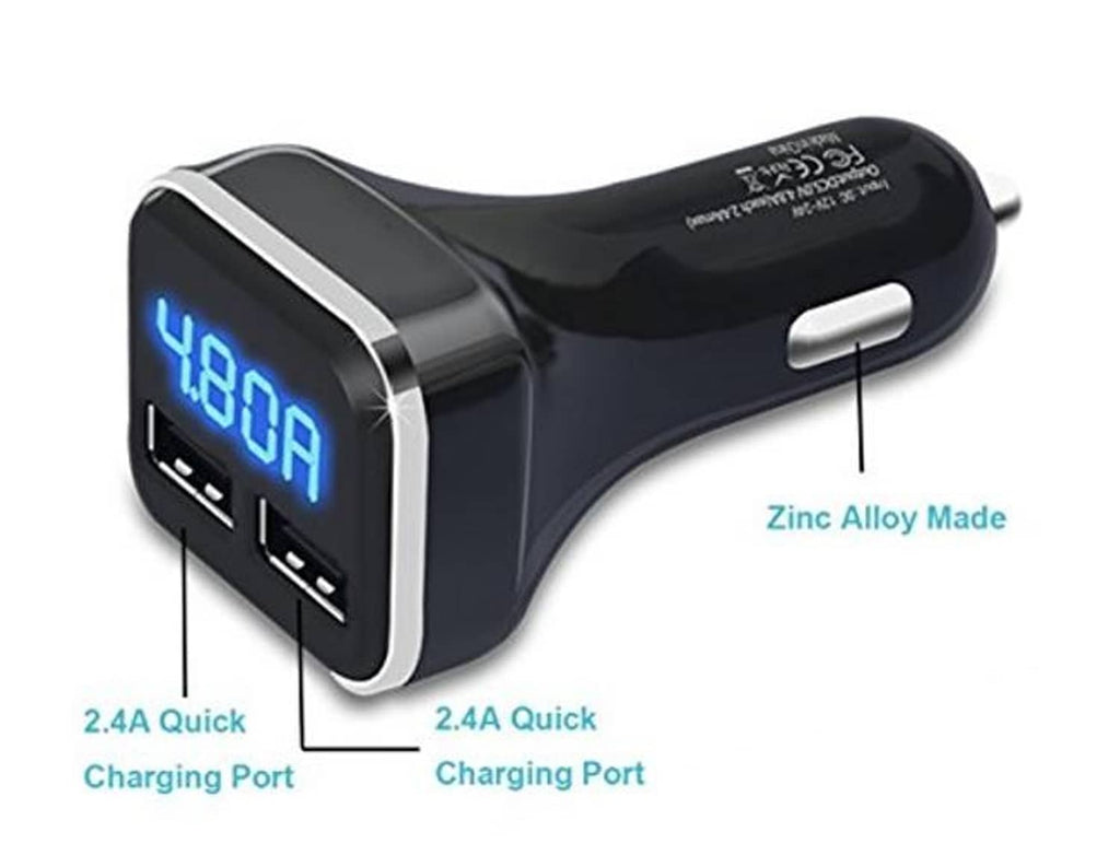 Dual USB car charger with zinc alloy body, blue LED display, two 2.4A ports