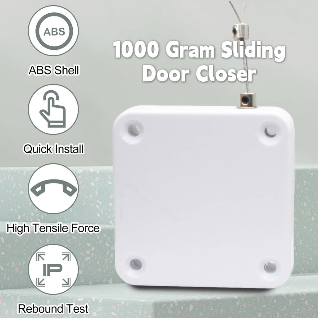 White ABS door closer unit with four corner holes and attachment hook at top