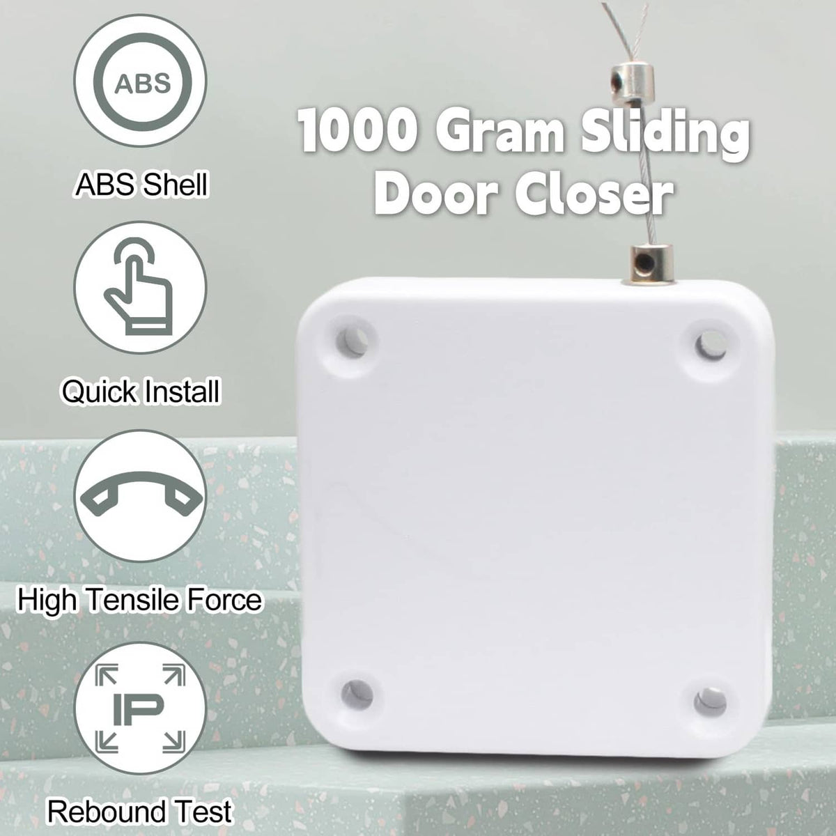 White ABS door closer unit with four corner holes and attachment hook at top
