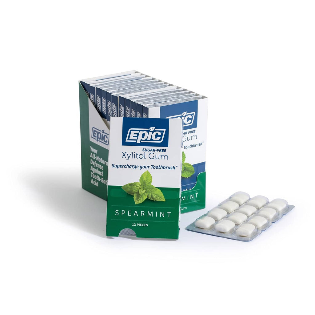 Spearmint xylitol sugar-free chewing gum pack with 12 pieces in tray