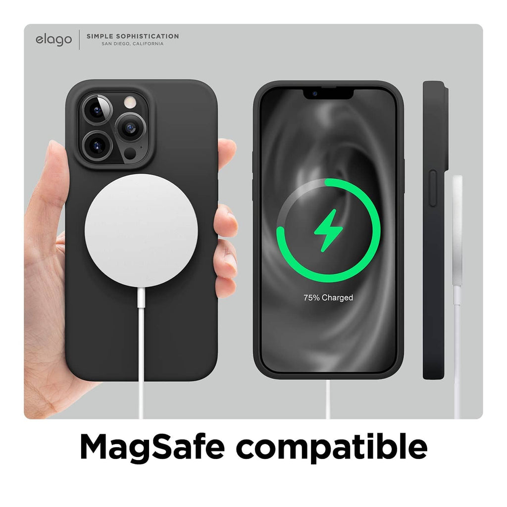 Black liquid silicone case with MagSafe compatibility and camera cutouts