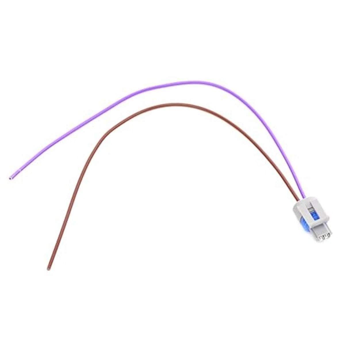 Sensor wiring connector pigtail with purple and brown wires and small blue connector end
