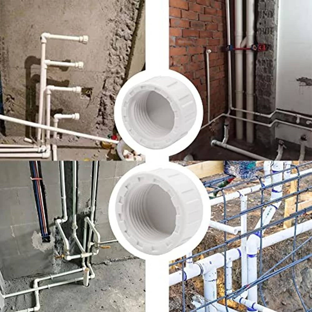 Two white PVC pipe plug adapters installed on sprinkler pipe connections