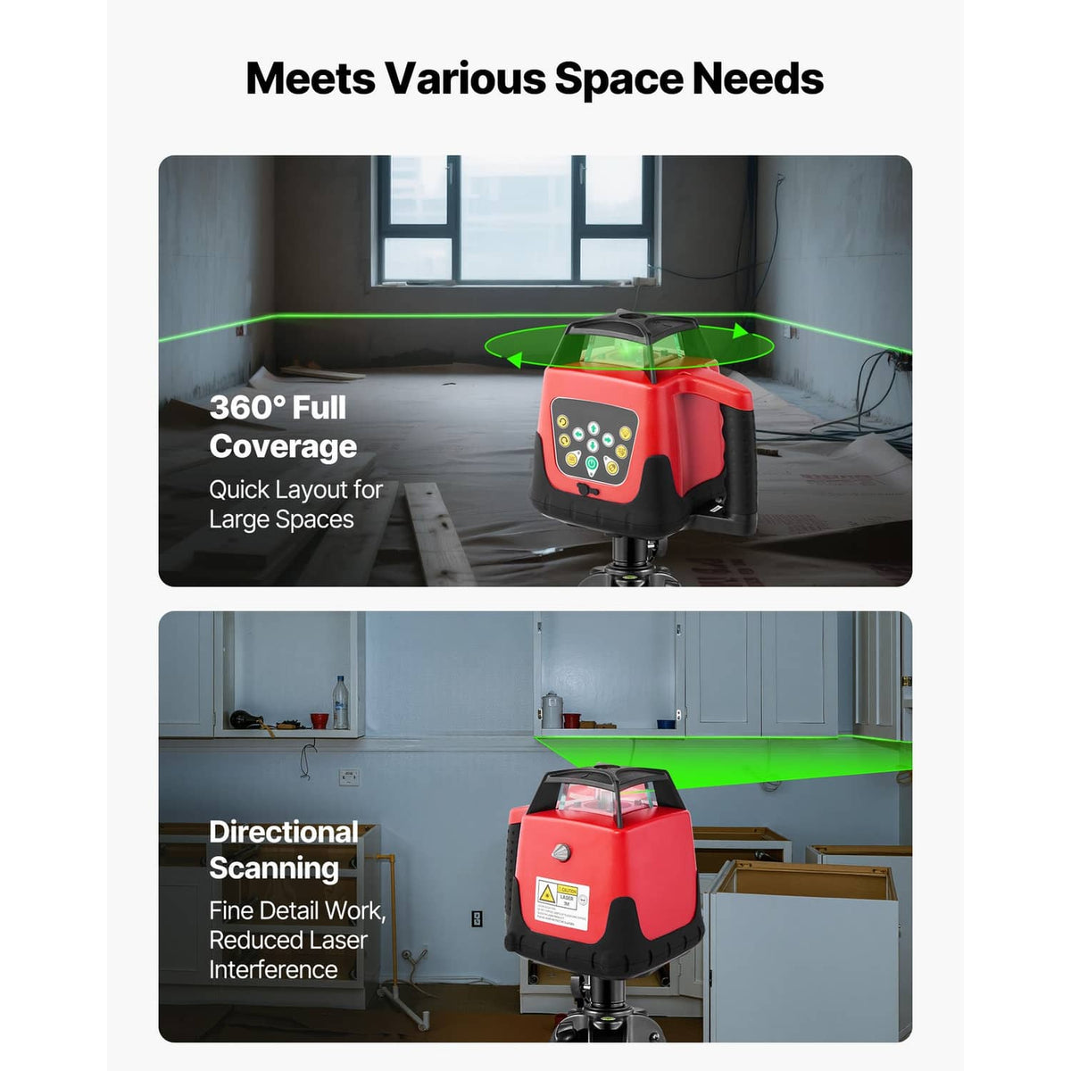 Red and black 360° rotary laser level showing multiple green coverage lines