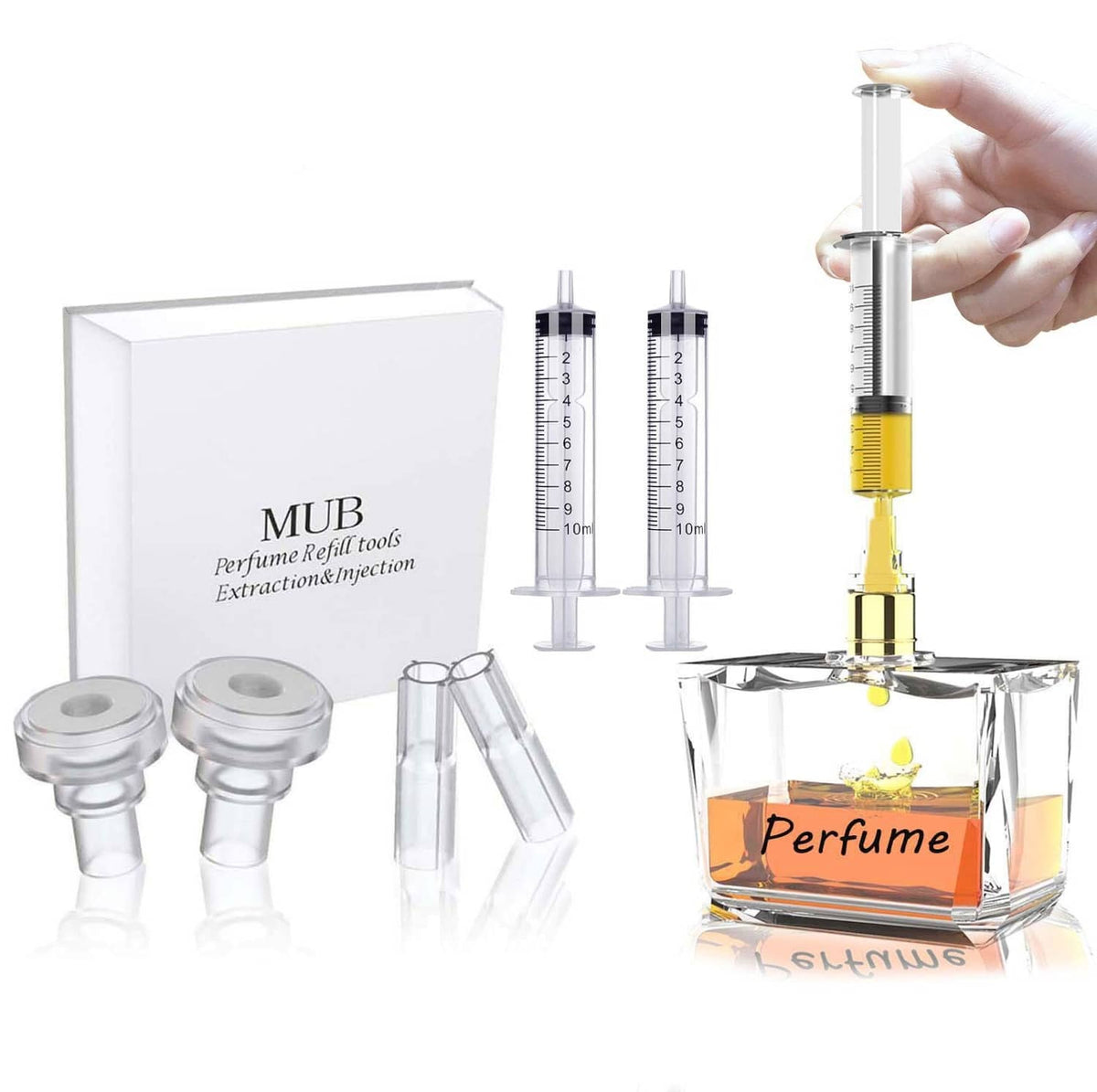 Perfume refill injection and extraction tool set with syringes, adapters, and pump