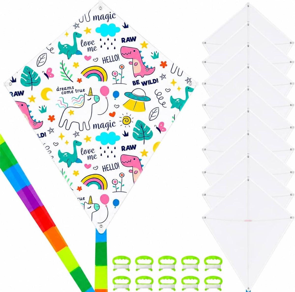 Kids diamond DIY kite with unicorn rainbow pattern, with tail ribbon and clips