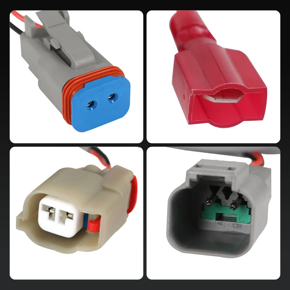 LED wiring connector set with red, blue, and gray electrical plugs and terminals