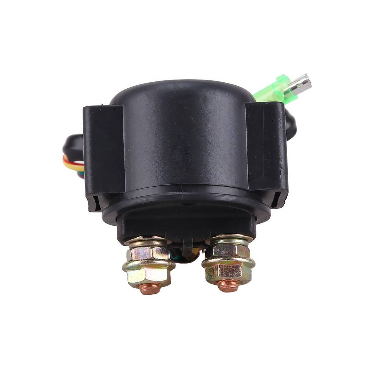 Black starter relay solenoid with two metal mounting posts and wire connector