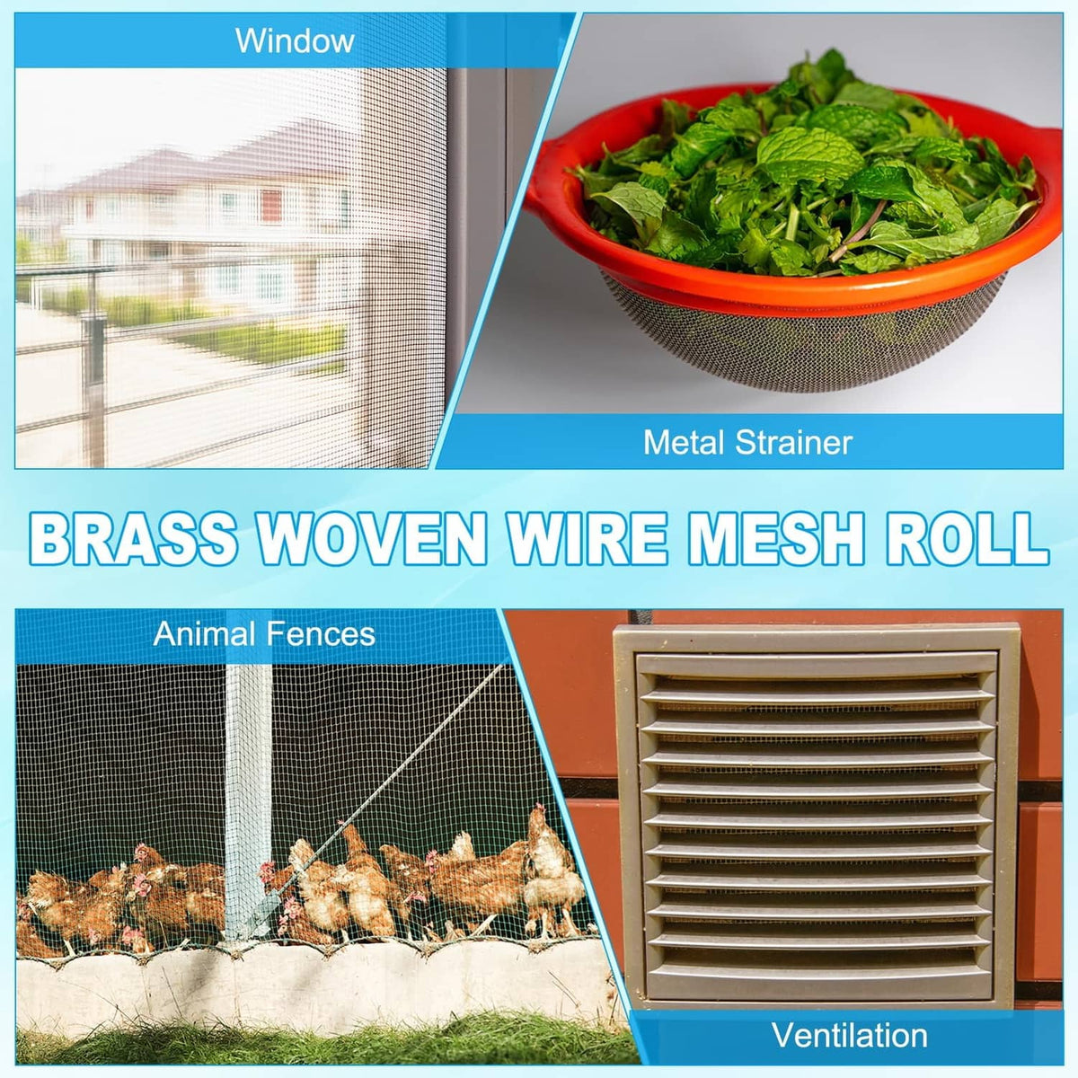 Brass woven wire mesh roll shown with ventilation grille and strainer mesh