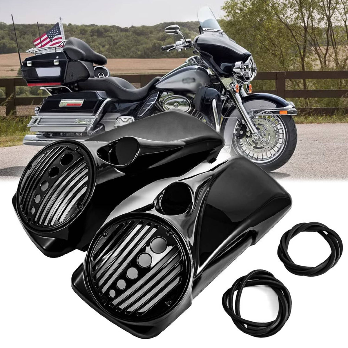 Black 8-inch speaker lids with striped grilles, tweeter ports, and wiring harness