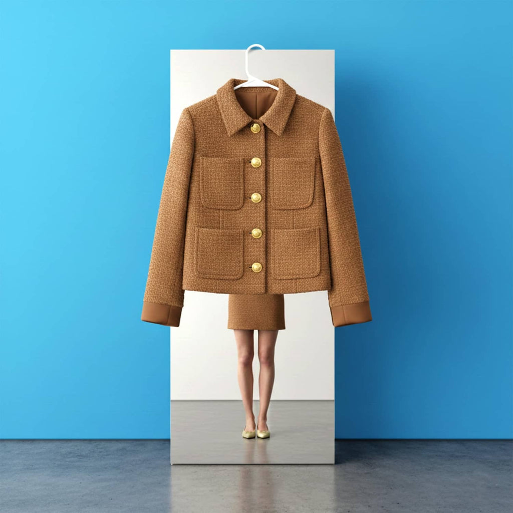 White plastic hanger holding a brown jacket, curved hook