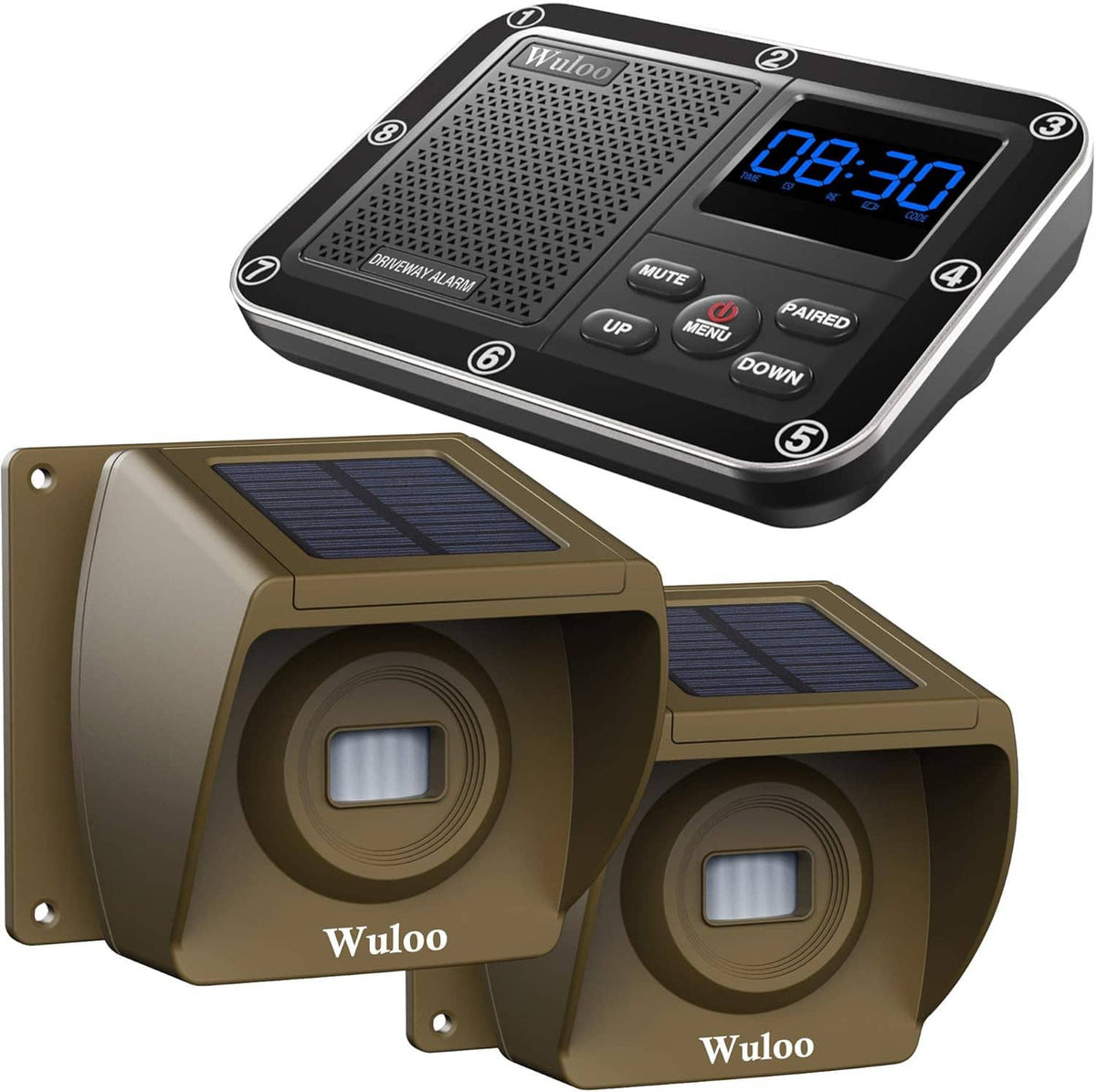 Solar driveway alarm receiver with blue screen and two tan outdoor sensors