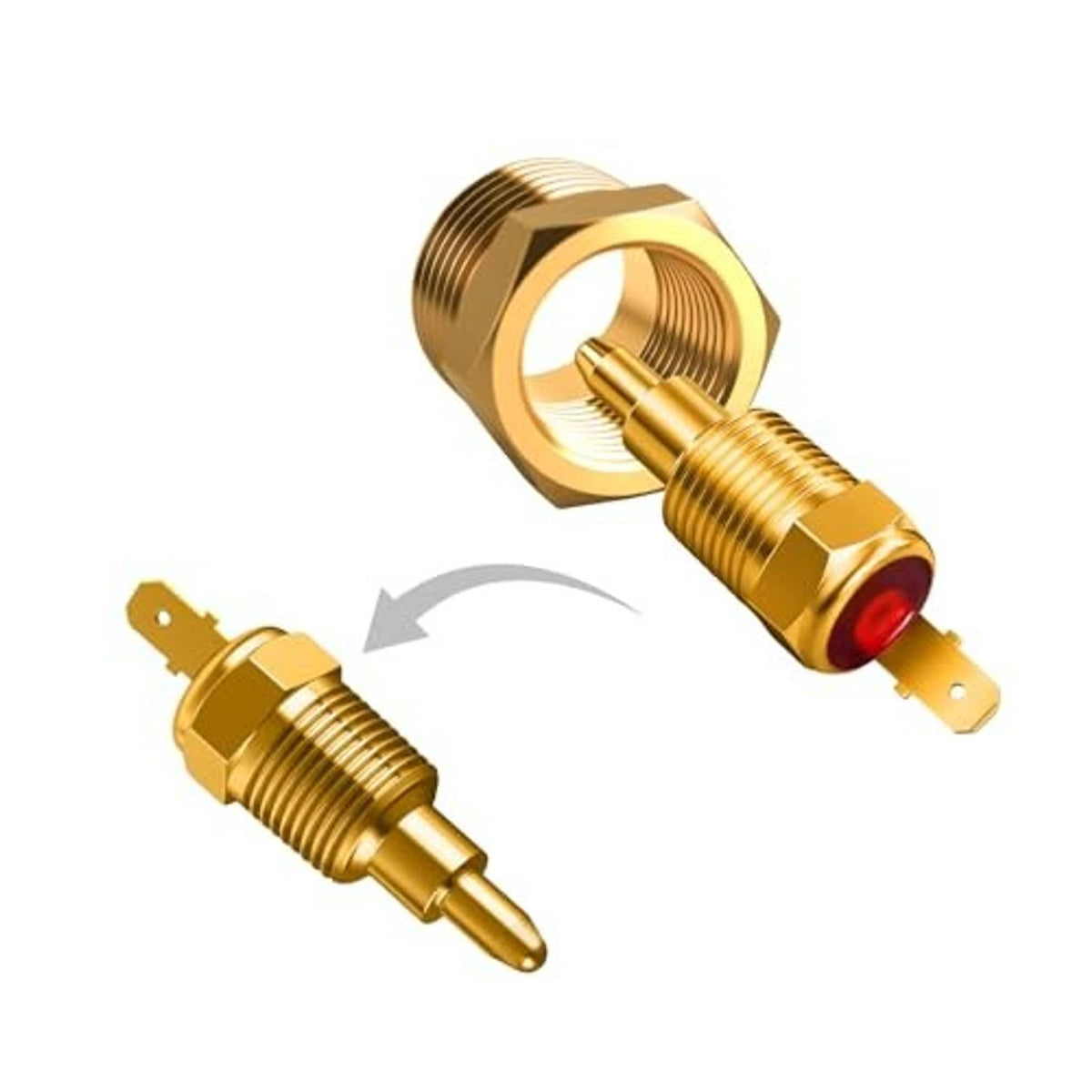 Brass NPT thermostat fan switch with red sensing tip, angled side-by-side view
