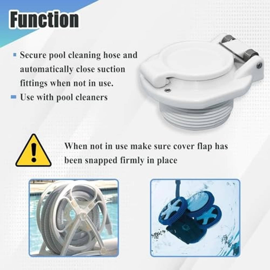 White pool vacuum safety lock cap with cover and side mounting screws