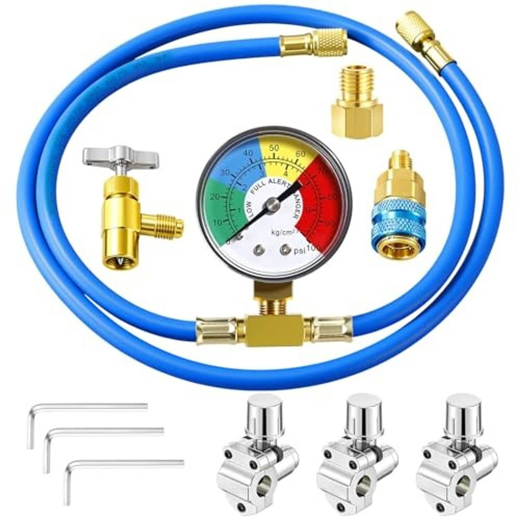 Refrigerant charge hose kit with blue hoses, pressure gauge, and metal tap connectors