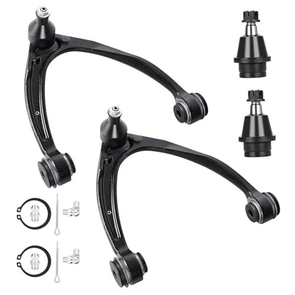 Pair of black front upper control arms with ball joints and bushings, isolated