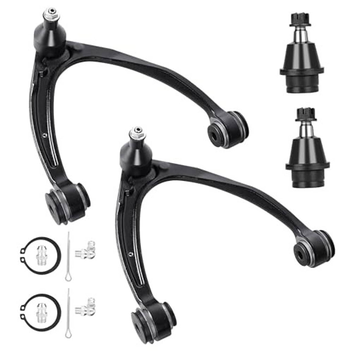 Pair of black front upper control arms with ball joints and bushings, isolated