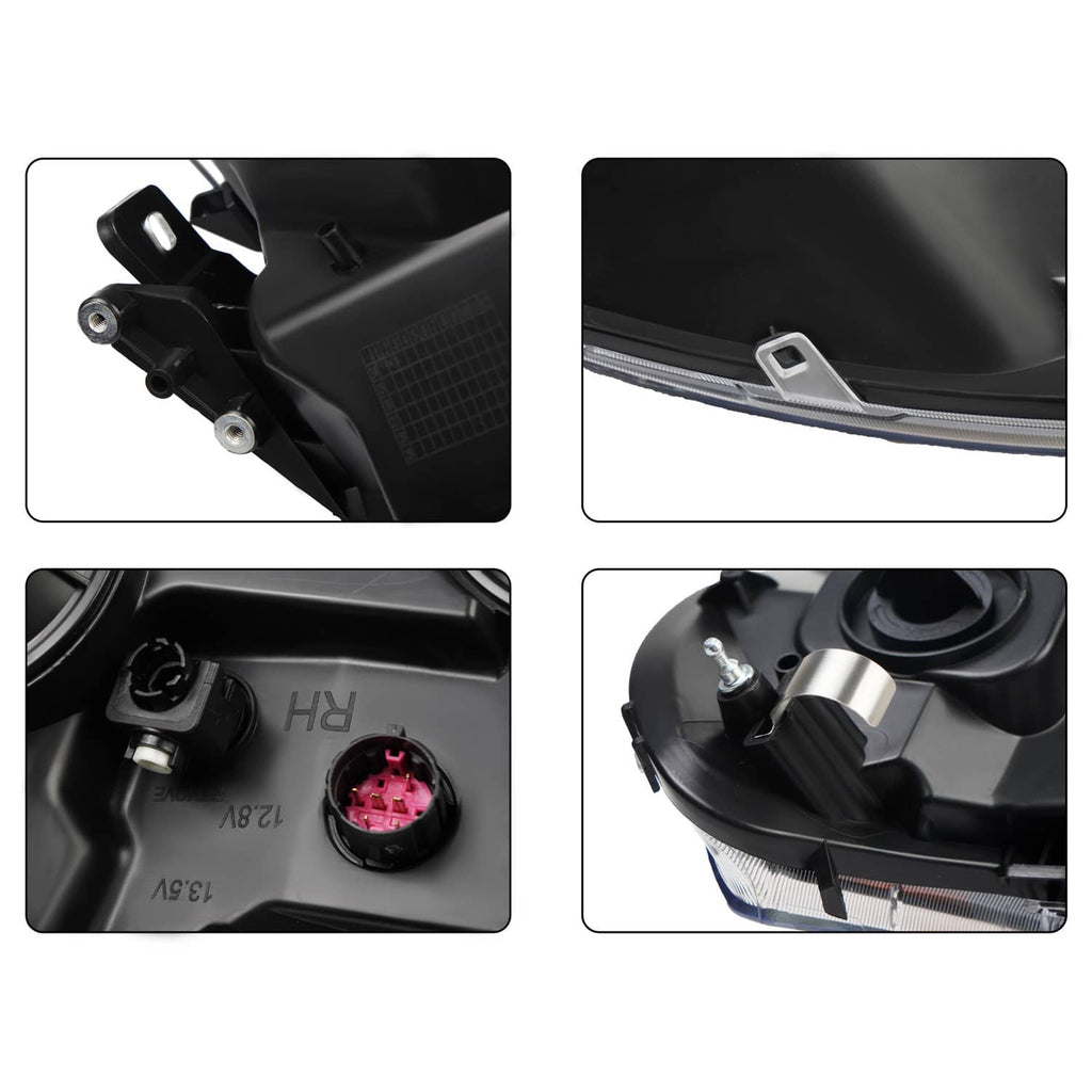 Headlight housing mounting area with connectors, caps, and wiring ports