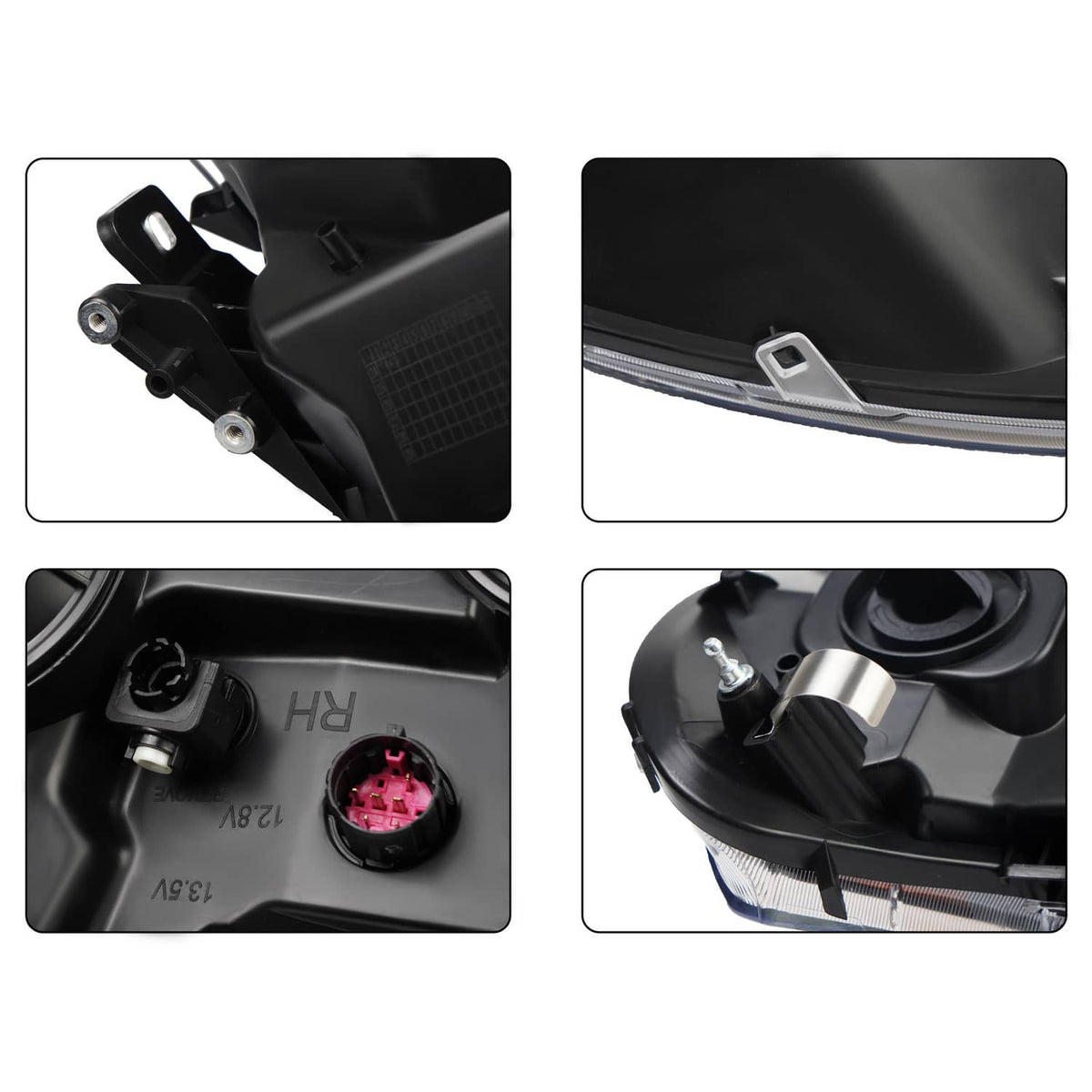 Headlight housing mounting area with connectors, caps, and wiring ports