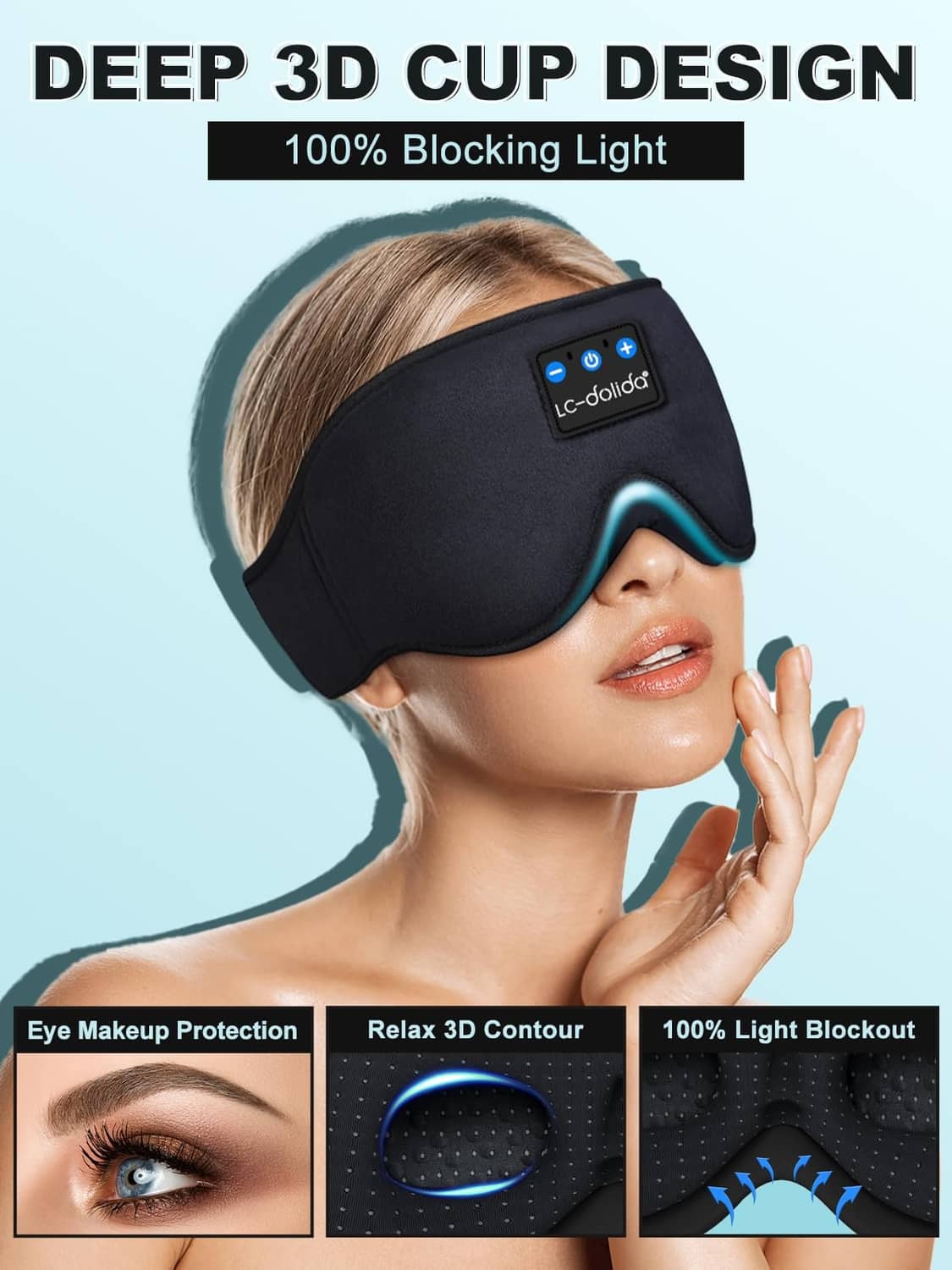 Black Bluetooth sleep mask on face, contoured eye coverage