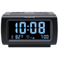 Black alarm clock radio with blue LED time and temperature display