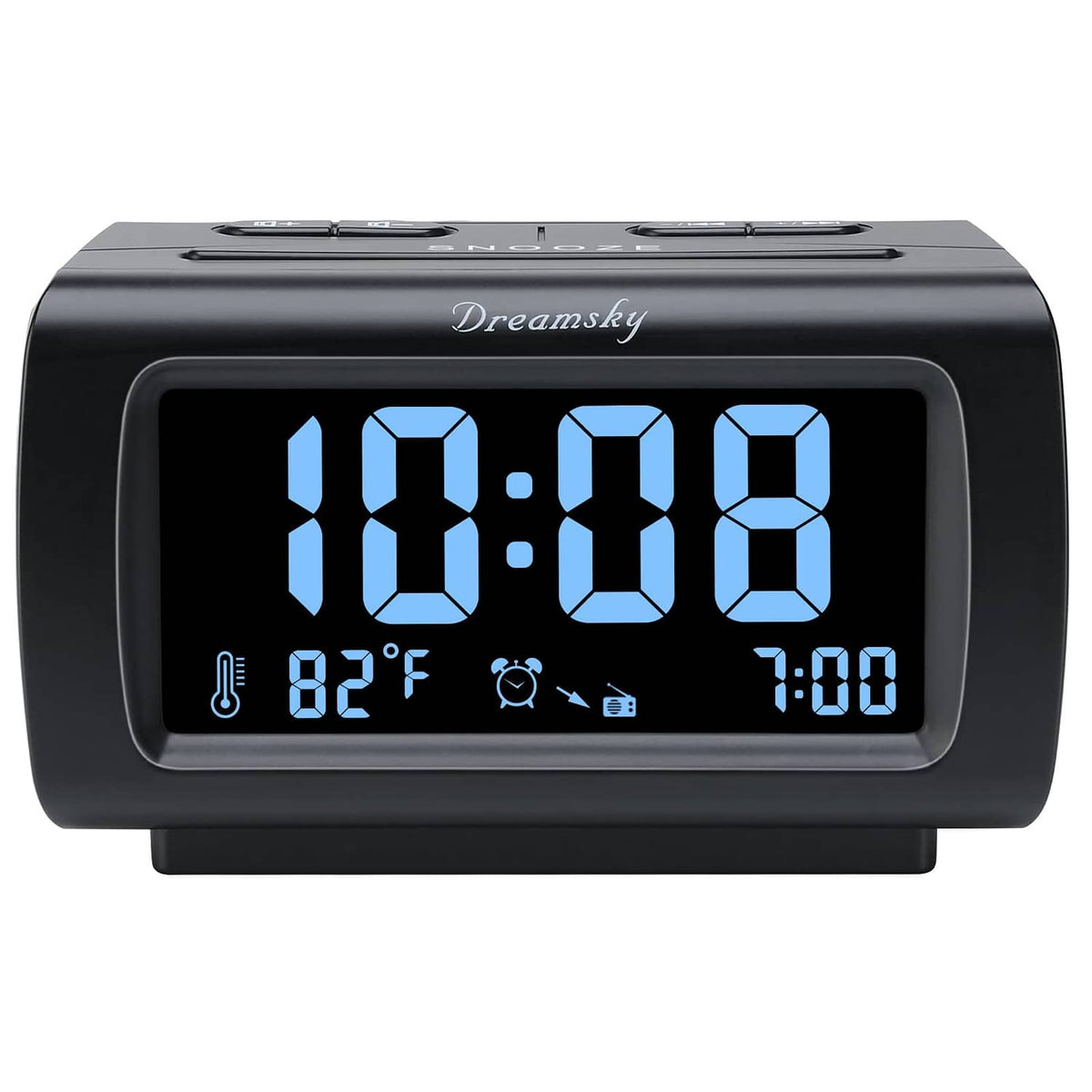 Black alarm clock radio with blue LED time and temperature display