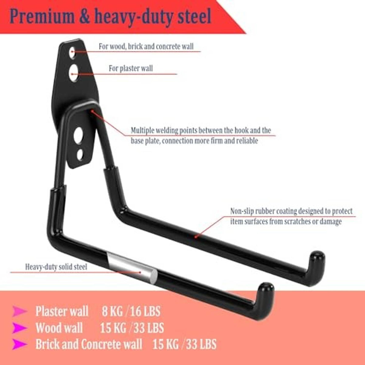 Black steel garage tool wall hook with rubber-coated end grips and dual mounting plate