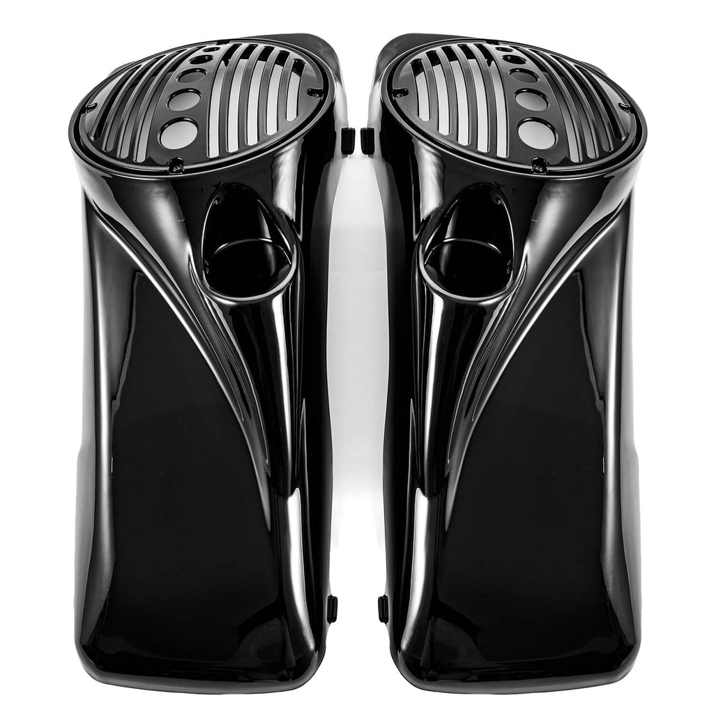 Chrome and black speaker lids with striped grille inserts and tweeter port openings